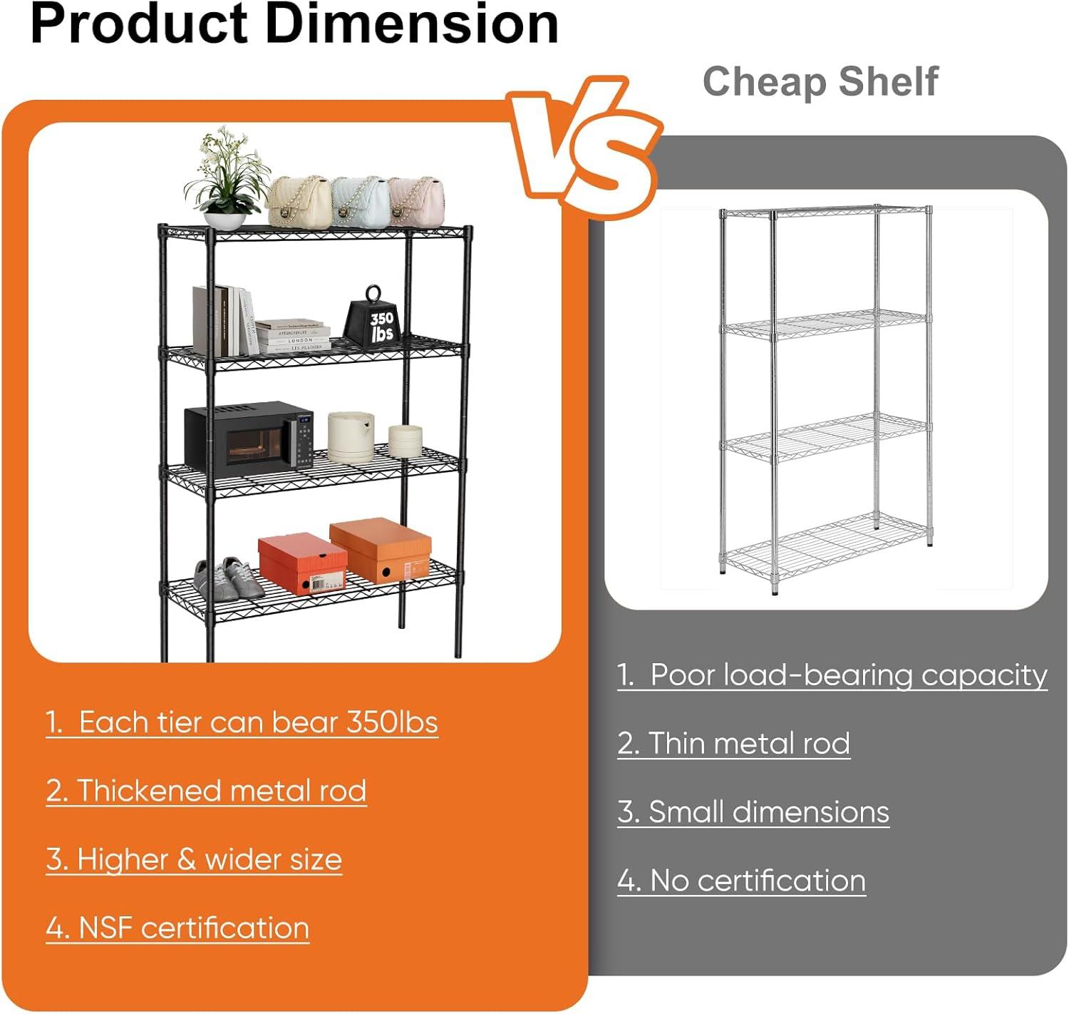 4-Tier Metal Storage Shelving, Adjustable Shelves Unit Heavy Duty Standing Shelf Organizer for Kitchen, Closet, Pantry, Garage, Bathroom, Laundry