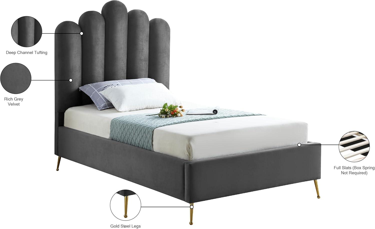 Meridian Furniture Lily Collection Modern | Contemporary Velvet Upholstered Bed with Deep Channel Tufting and Custom Gold Steel Legs, Twin, Grey
