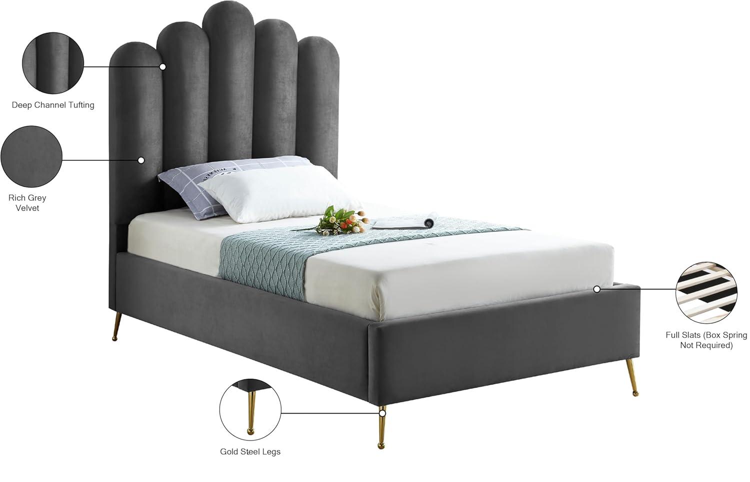 Meridian Furniture Lily Collection Modern | Contemporary Velvet Upholstered Bed with Deep Channel Tufting and Custom Gold Steel Legs, Twin, Grey