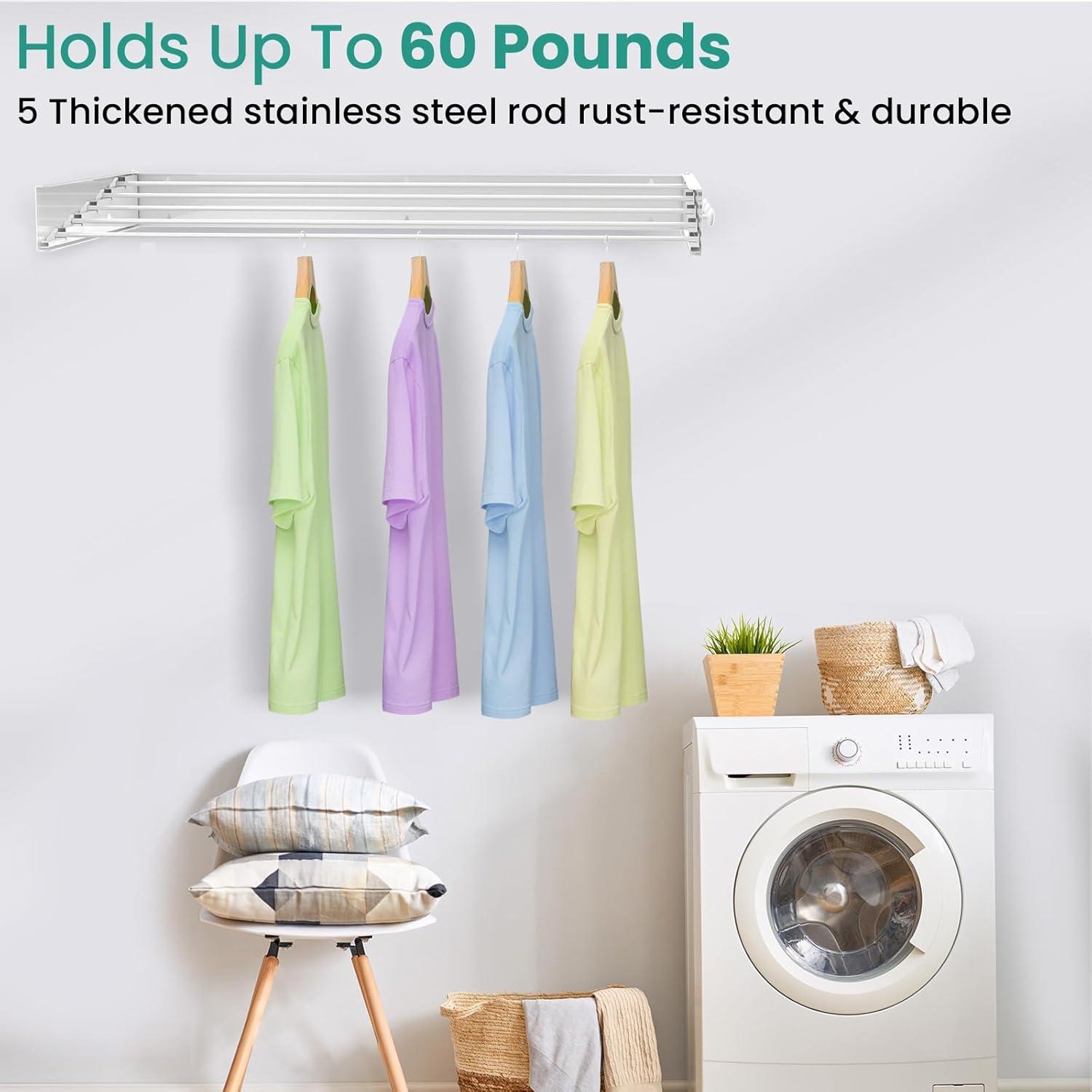 【Upgrade】 Laundry Drying Rack, 31.5" Drying Rack Clothing Wall Mounted,Foldable, 5 Aluminum Rods with 6 Hooks, Space-Saving White Collapsible Drying Racks Hanger for Laundry Bathroom