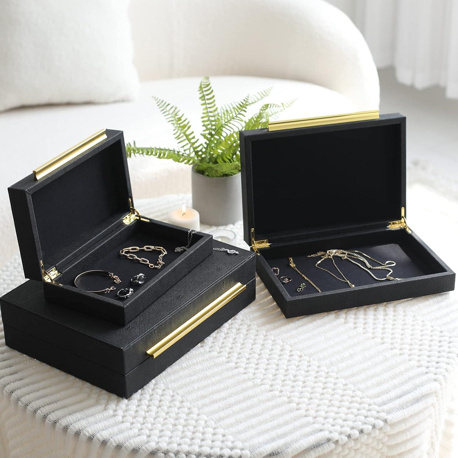 Faux  Leather Decorative Jewelry Storage Nesting Organizer Boxes with Lids Gold Handle Set of 3, Black