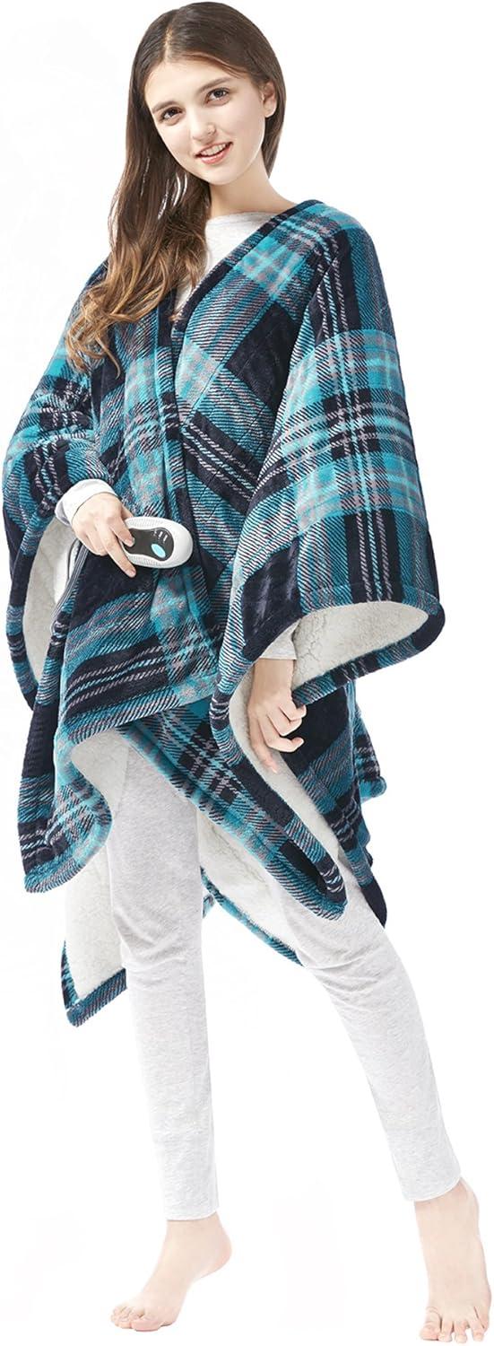 Beautyrest Soft Sherpa Fleece Electric Throw Heated Blanket Wrap with Auto Shutoff Aqua Plaid 50"x64"