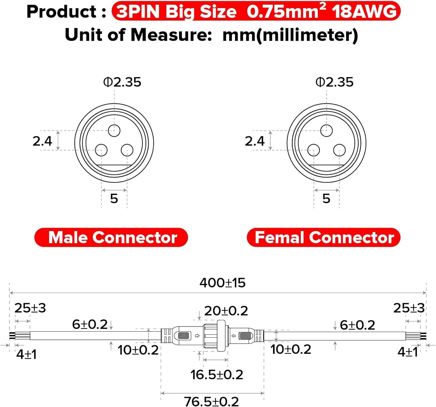 BTF-LIGHTING 3 Pin Electrical Connector 22AWG IP65 Male Female Connector 7.87in/20cm Extension Cable for Car,Truck,Boat,Indoor/Outdoor LED Strip Lights/String 15mm Nut Small Size 5 Pairs