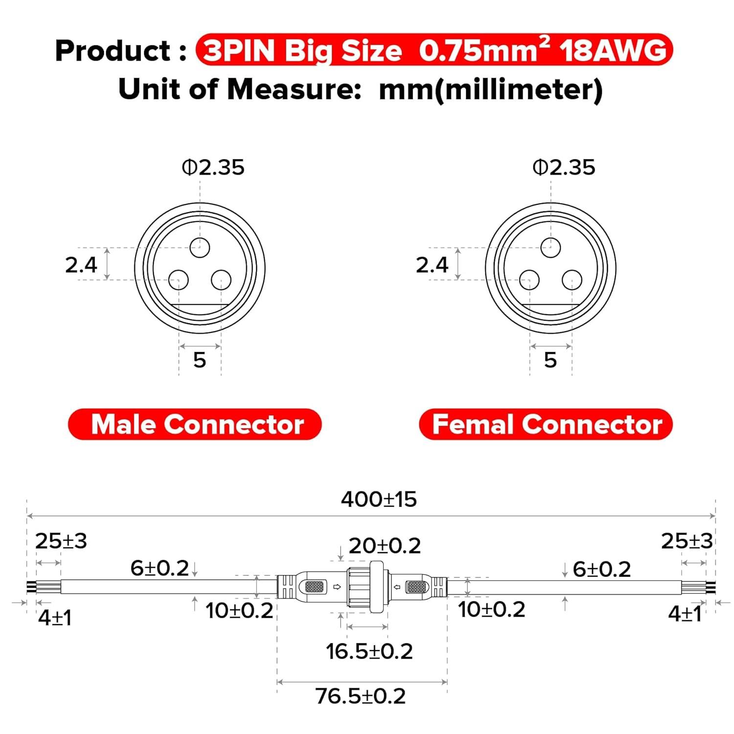 BTF-LIGHTING 3 Pin Electrical Connector 22AWG IP65 Male Female Connector 7.87in/20cm Extension Cable for Car,Truck,Boat,Indoor/Outdoor LED Strip Lights/String 15mm Nut Small Size 5 Pairs