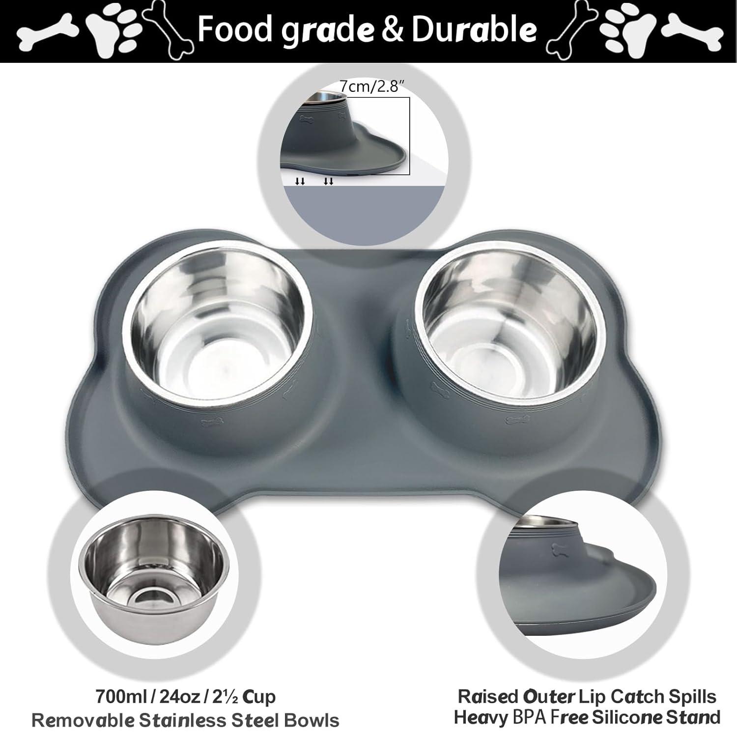 AsFrost Dog Food Bowls Stainless Steel Dog Food & Water Bowl Set with No Spill No Slip Silicone Mat, Dog Dishes for Small Medium Size Dogs Pet Cat Puppy Food Feeding Bowls, Grey, 24oz, 3 Cup