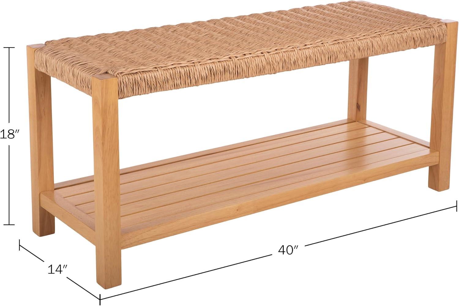 Newport 40-Inch Natural Wood Bench with Woven Rope Seat and Storage Shelf