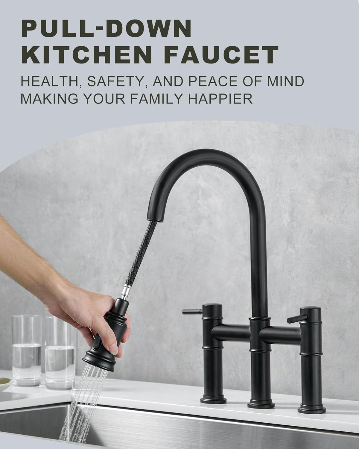 Matte Black Double Handle Bridge Kitchen Faucet with Pull-Out Spray