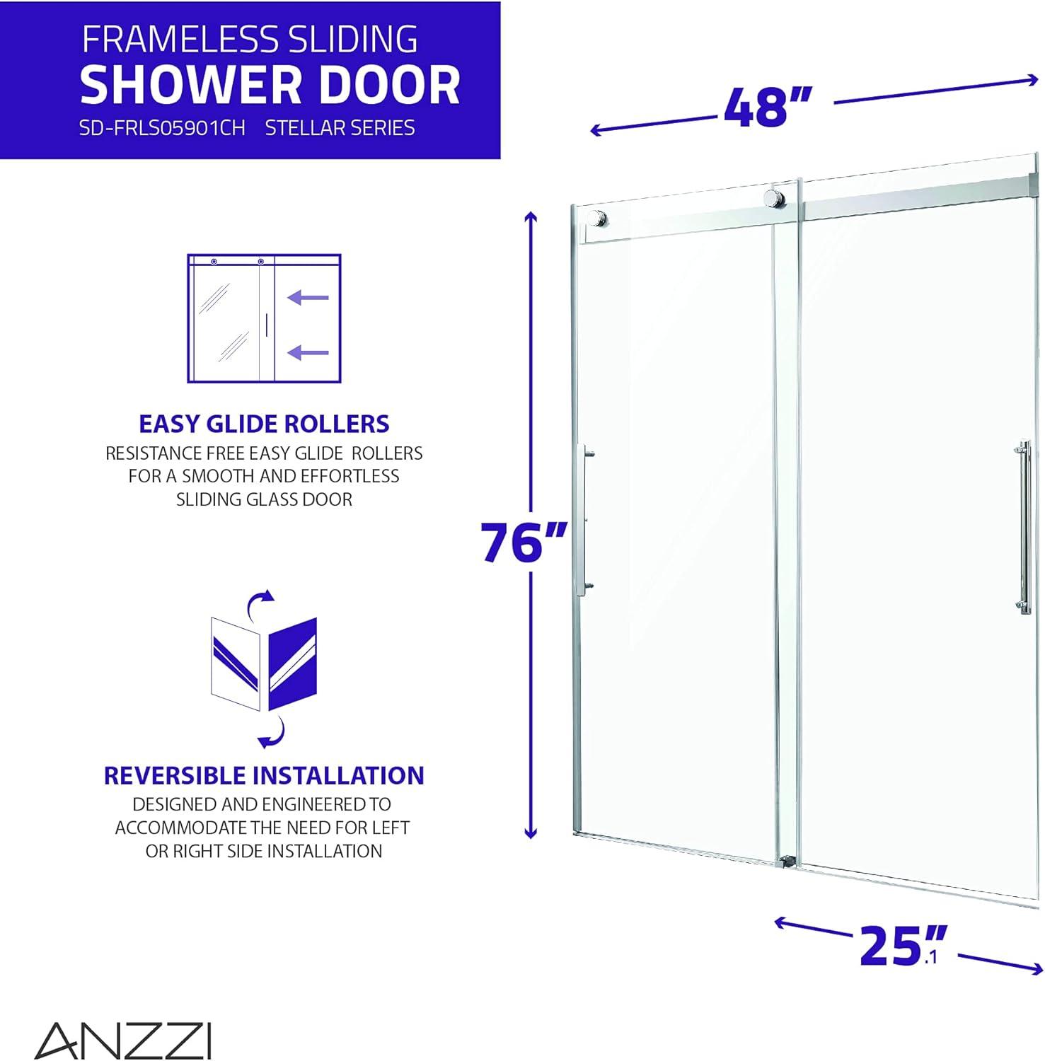 Anzzi  48 x 76 in. Stellar Series Frameless Sliding Shower Door with Handle, Chrome