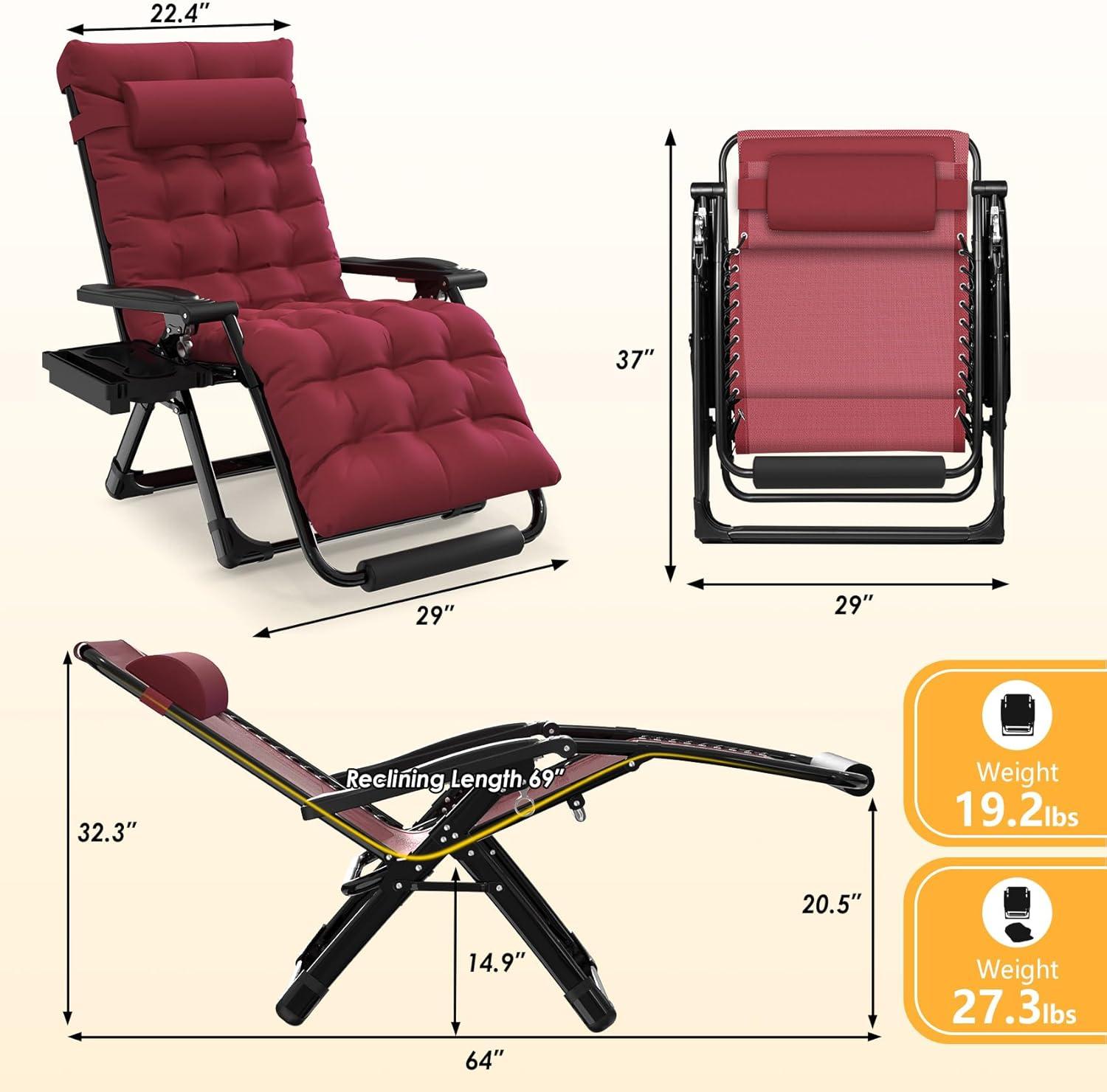 Wine Red Padded Zero Gravity Outdoor Lounger with Cup Holder