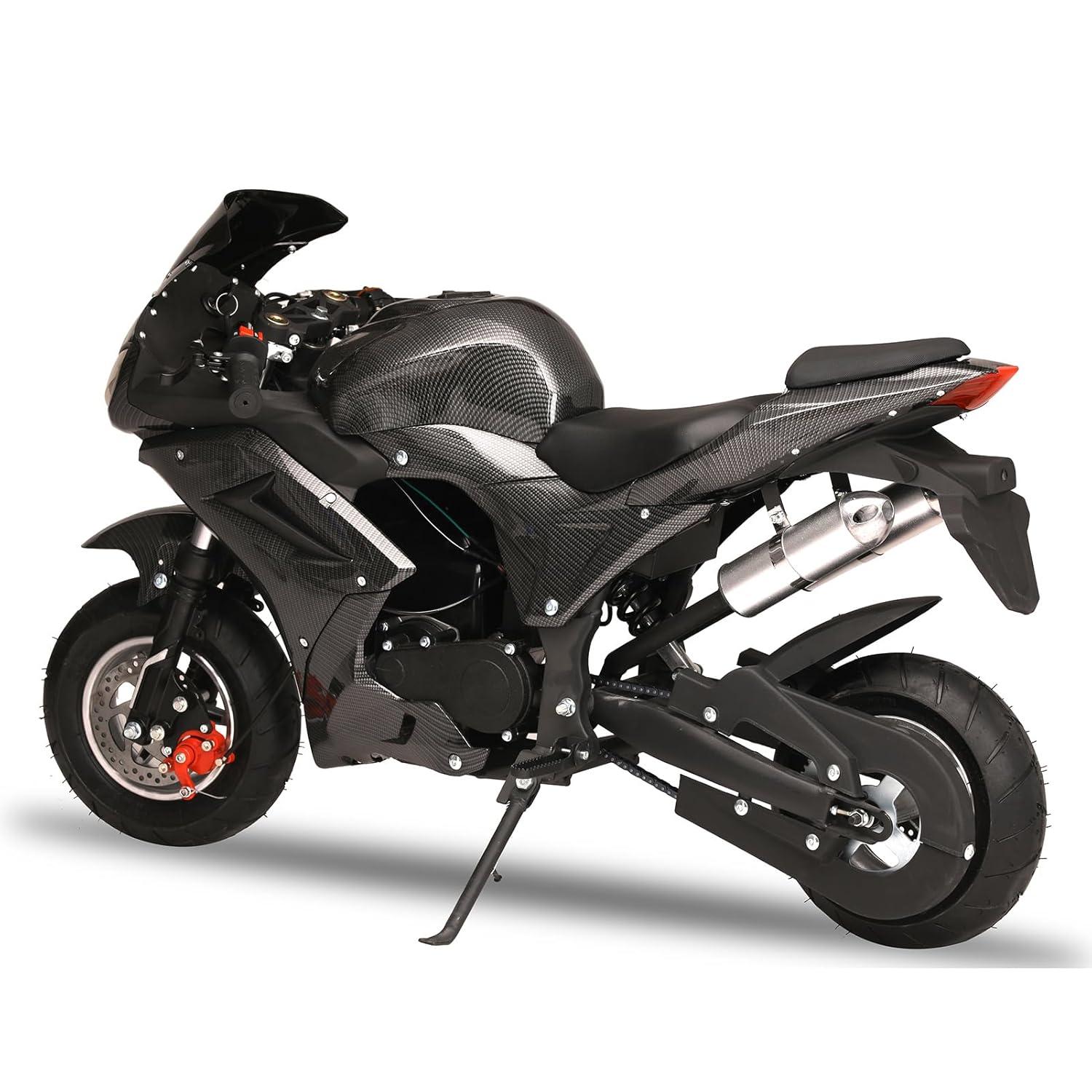 Mini Pocket Bike Motorcycle 49cc 4-Stroke Gas Bike Motorbike with Front Rear Disc Brakes, Gas Pocket Motorbike Racing Max Speed 25MPH, Dual Headlights Black