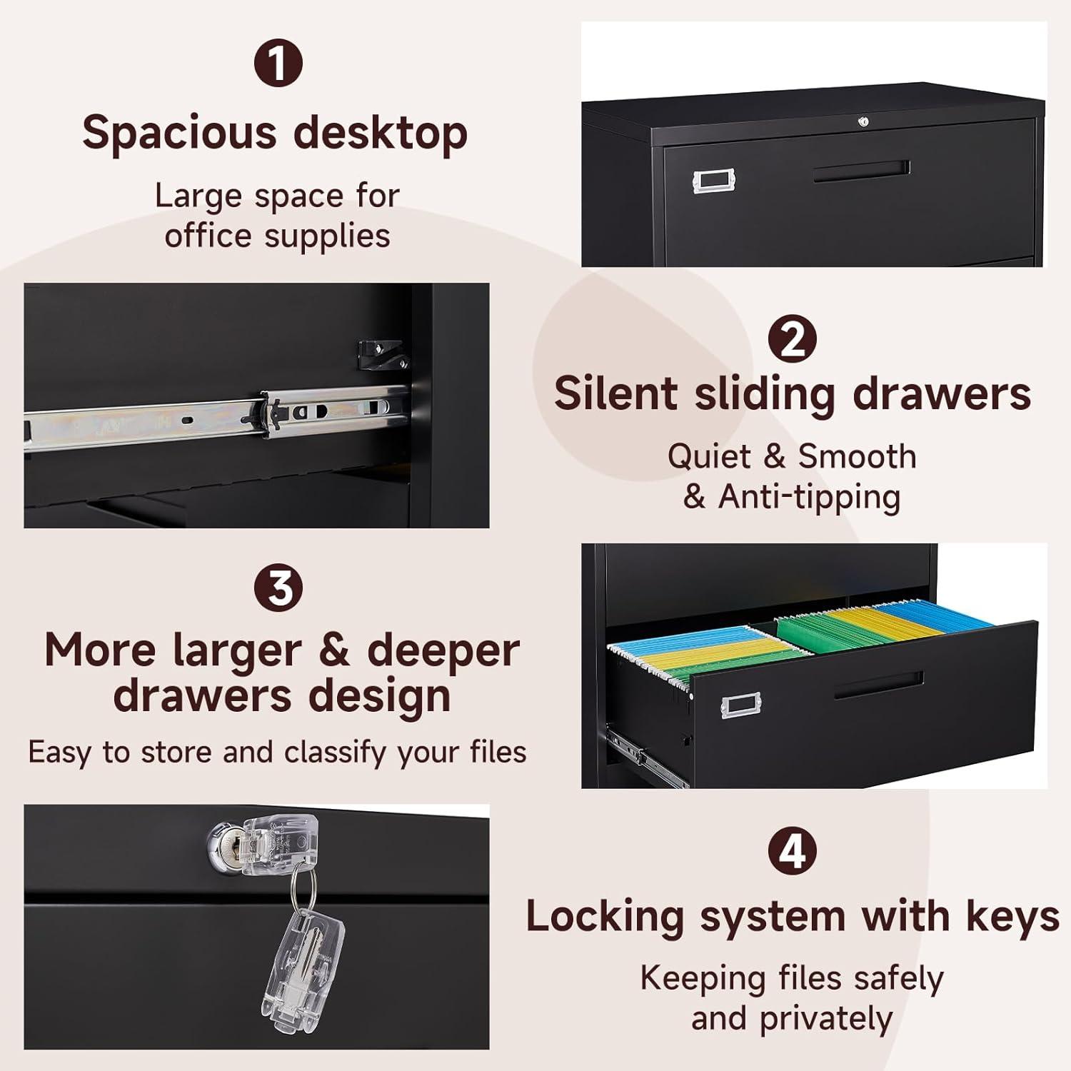 3 Drawer File Cabinet with Lock,Under Desk File Cabinet with Wheels,Black Rolling File Cabinet,Three Drawer Metal Filing Cabinet for Home Office,Fit A4/Letter/Legal File,Fully Assembled Except Casters