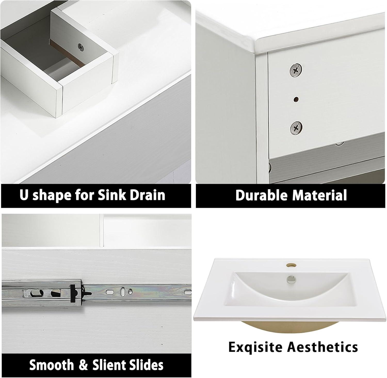 30" White Wall-Mounted Bathroom Vanity with Ceramic Sink and Storage