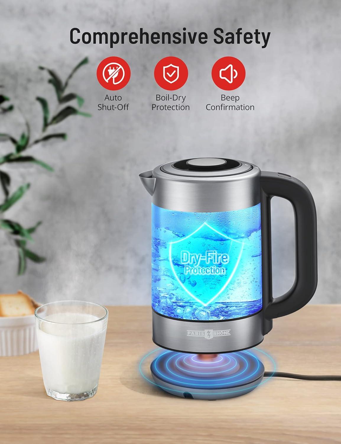 Electric Kettle,Tea Kettle Temperature Control with 6 Temperature Settings,Paris Rhône1.7L Glass&Stainless Steel Heater,Touch Control,LED Screen,Keep Warm Mode,Boil-Dry Protection,for Milk,Tea,Coffee