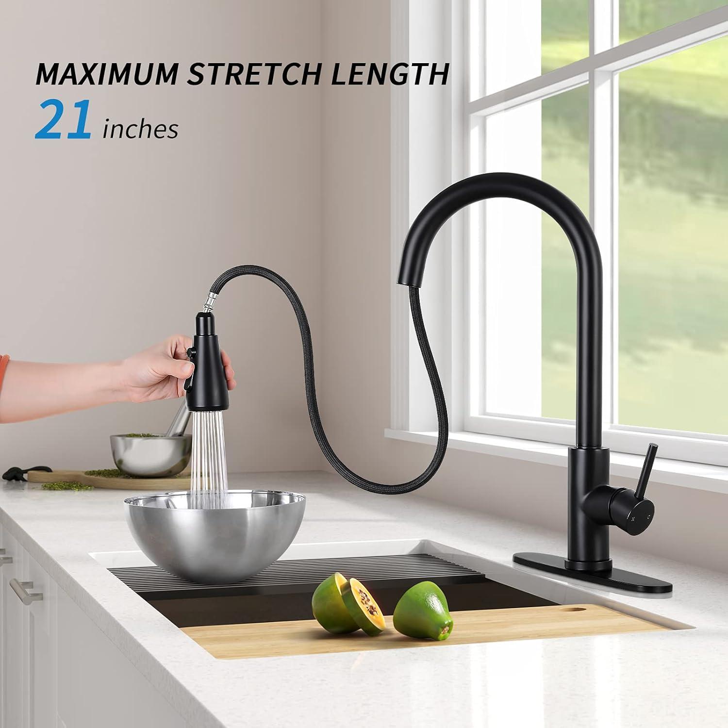 Zovajonia Matte Black Kitchen Sink Faucet Pull Down Single Handle Swivel Sprayer Mixer Tap