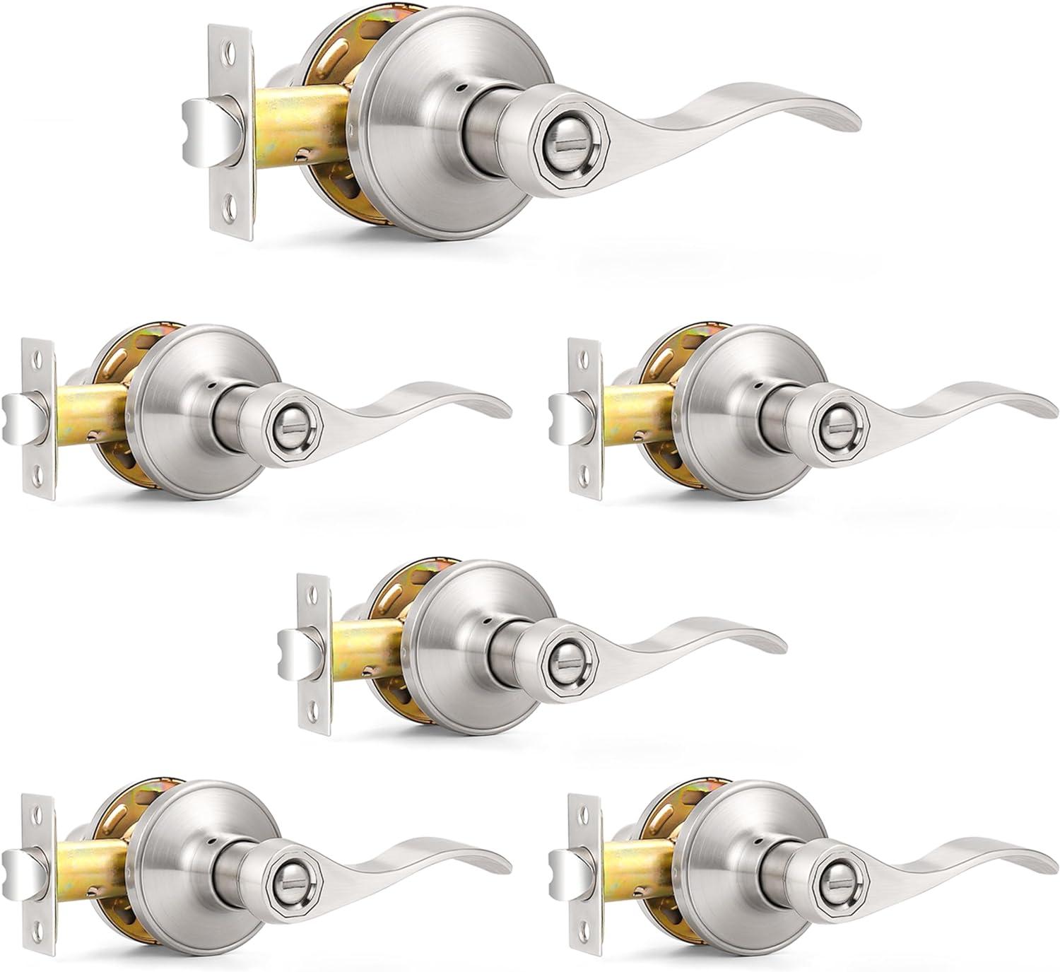Probrico Privacy Door Levers Interior Door Handles Levers, Wave Style Bed Bath Door Handles Lock Keyless, Satin Nickel Door Lever Lockset 6 Pack