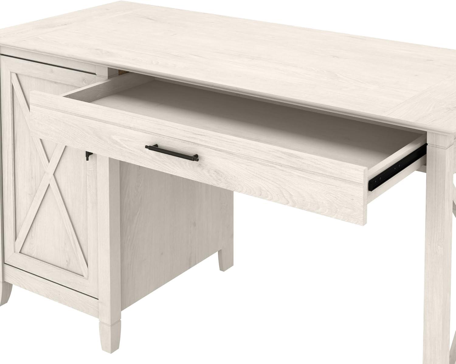 Linen White Oak 54" Cabinet Desk with Keyboard Tray & Storage