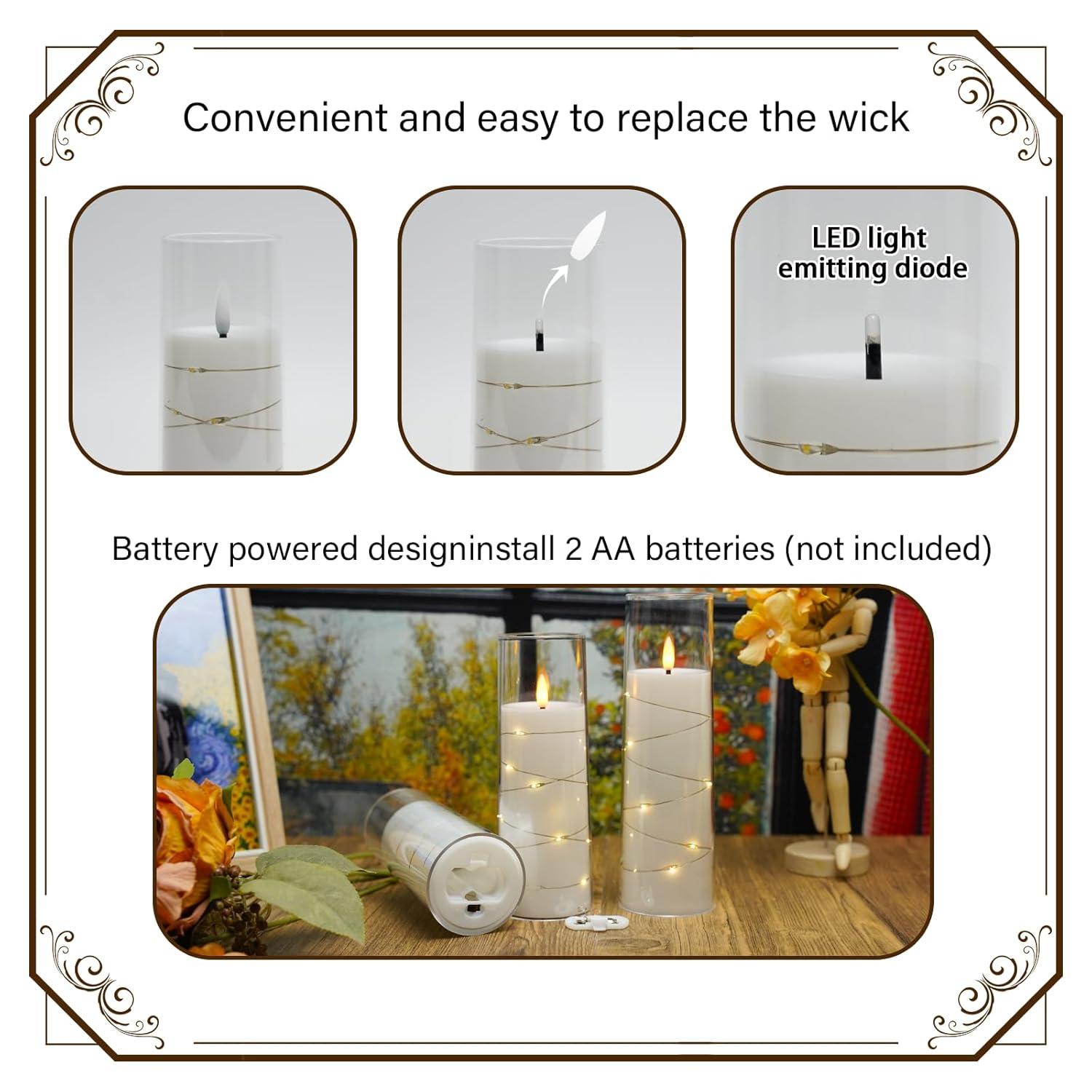 Raycare Flameless LED Candles with Embedded Star String, 9 Pcs Battery Operated Acrylic Pillar Candles with Timer and Remote, Flickering for Romantic Ambiance and Home Decoration (White)
