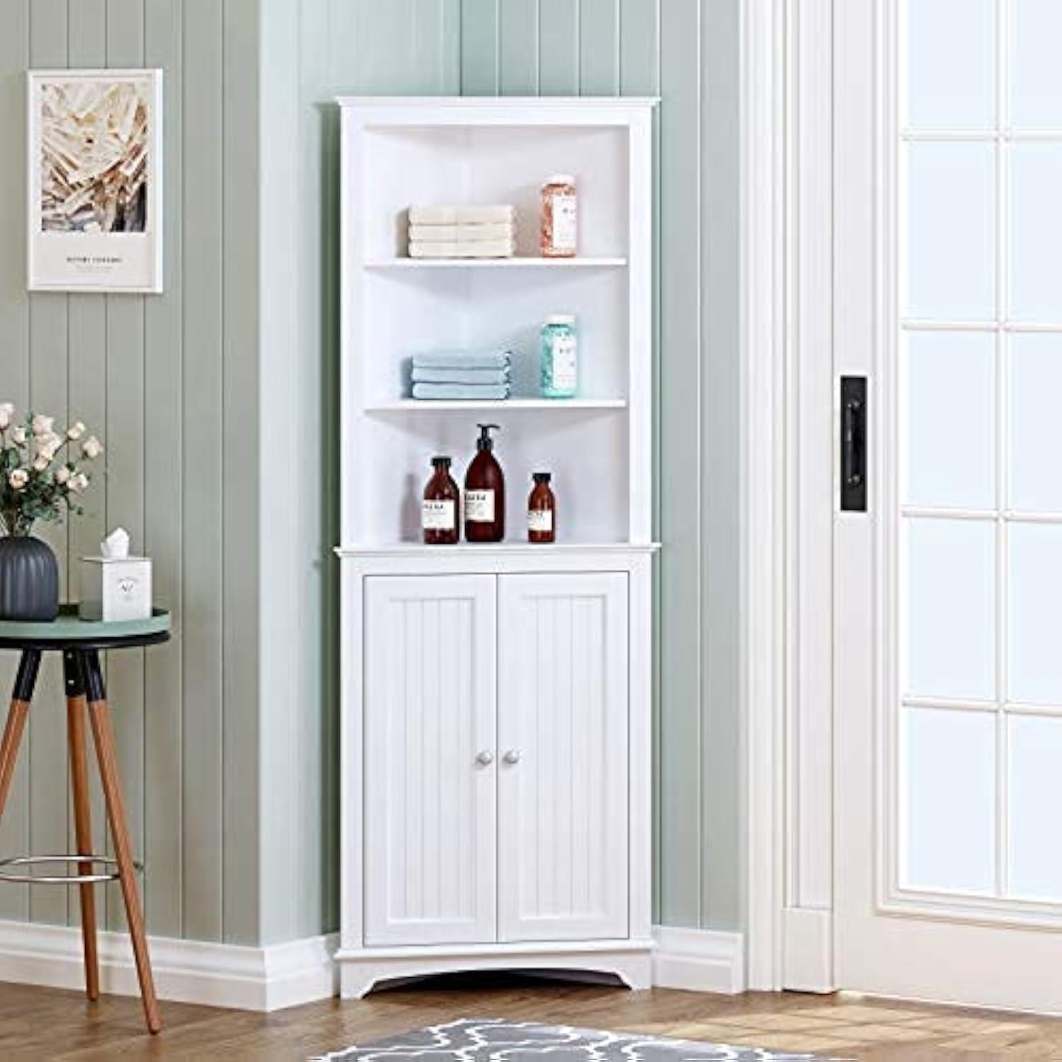 Tall White Lockable Corner Cabinet with Adjustable Shelving