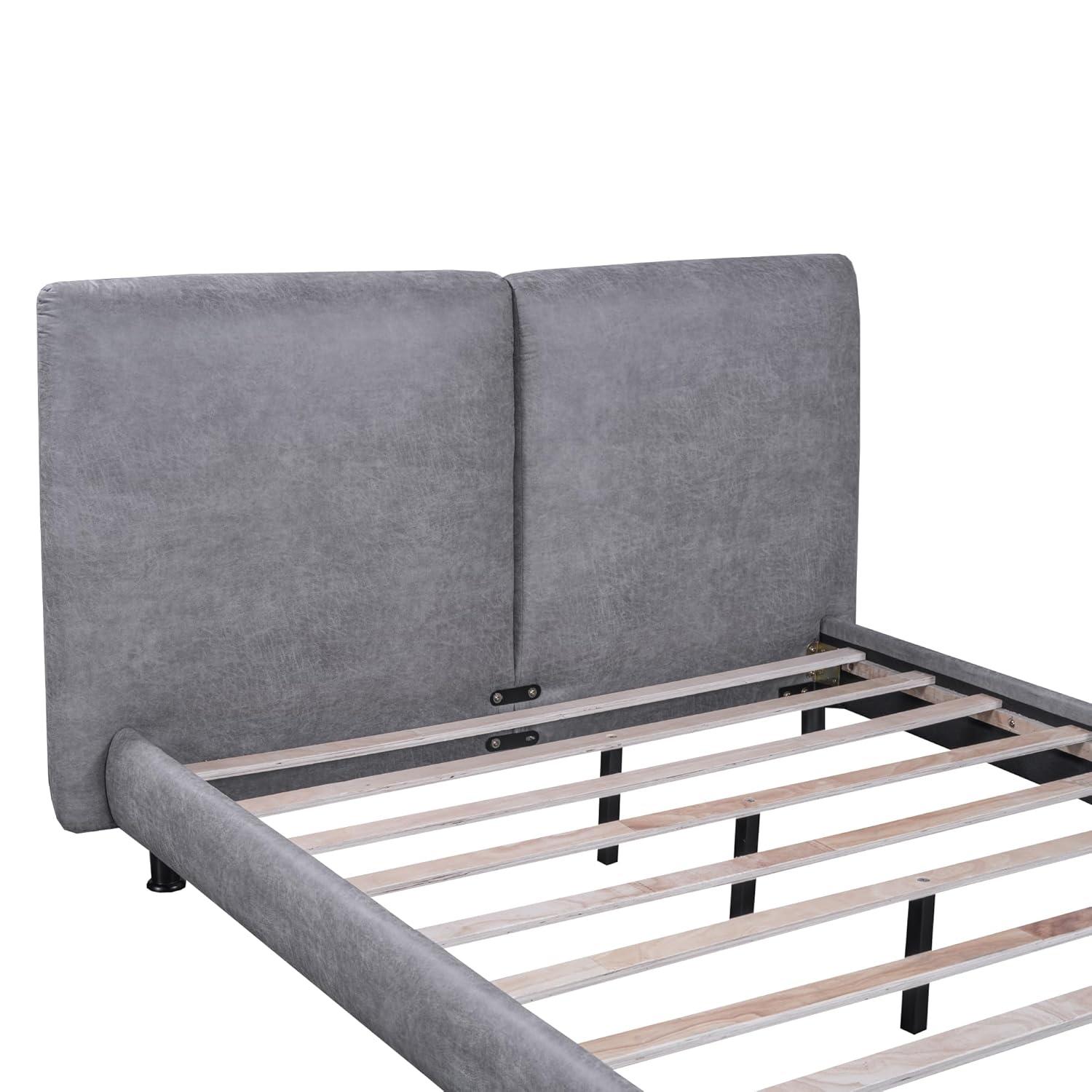 Sesslife Queen Bed Frame, Upholstered Platform Bed Queen Size with 2 Comfort Headrests and Metal Legs, Modern Bed Frame with Wooden Slat Support, No Box Spring Needed, Gray