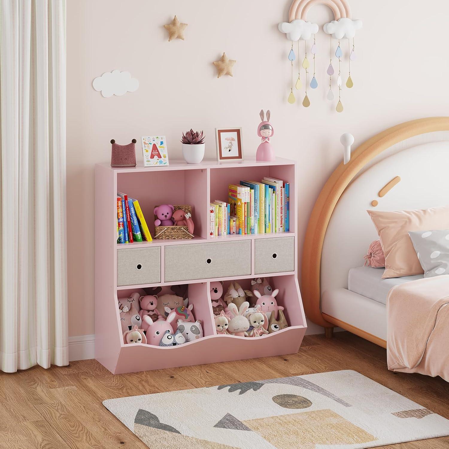 3-Tier Kids Bookshelf, Toy Storage Organizer with 3 Drawers,Wooden Bookcase with Large Toy Storage Cabinet for Playroom