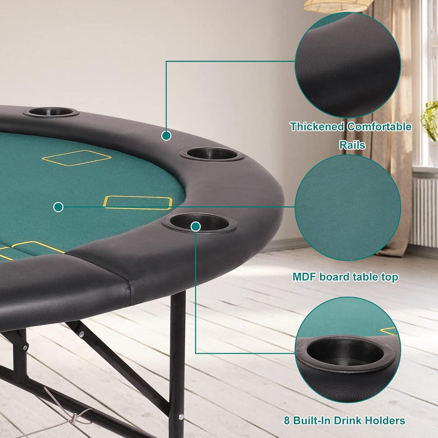 CARSTY 8-Player Round Folding Poker Table with Cup Holders, Casino Grade Green Felt Surface for Texas Hold'em, Blackjack, Board Games