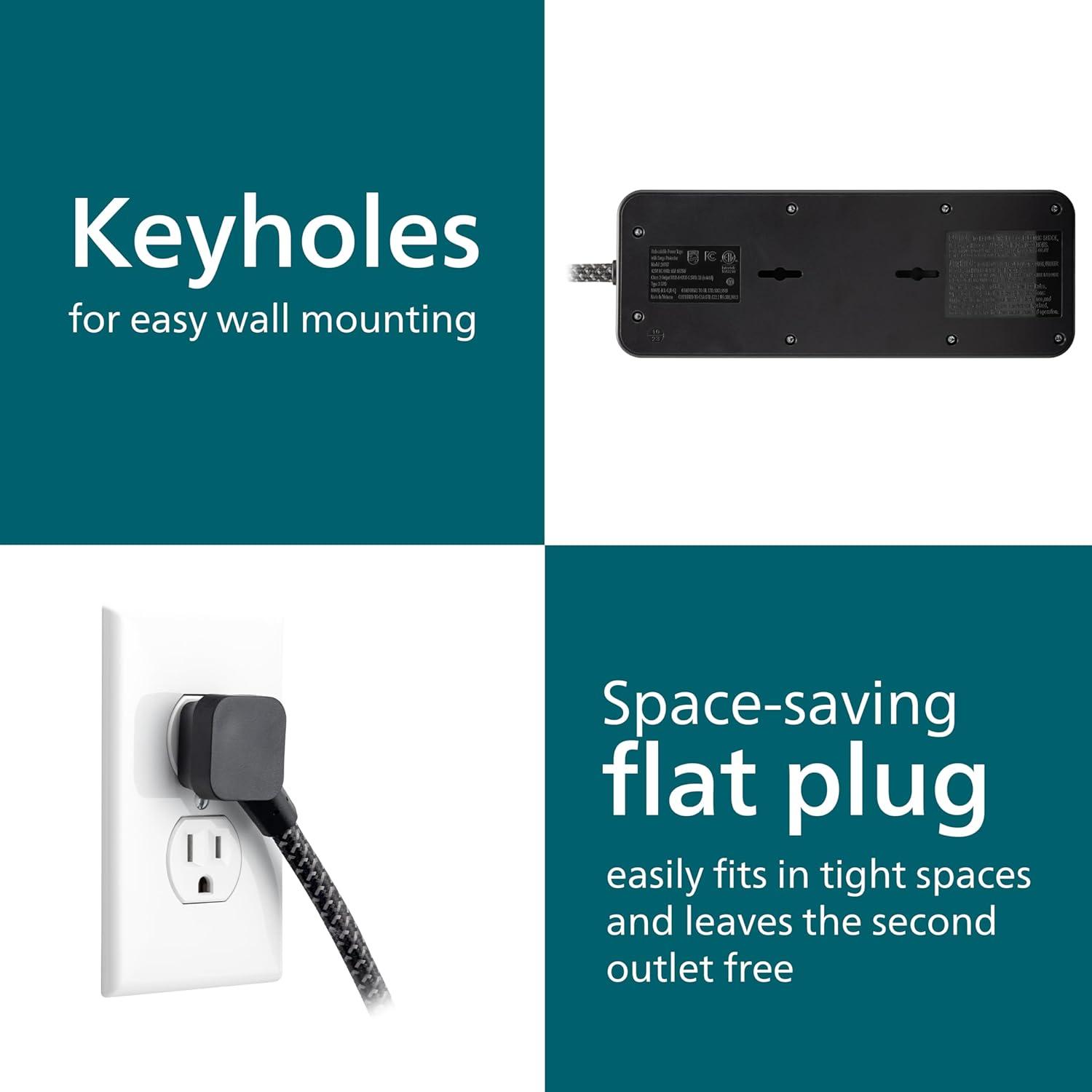 Philips 6-ft 7-Outlet Surge Protector, 7 Outlet, 1 USB-A, 1 USB-C, 15W, 1500J, Braided Cord, Black