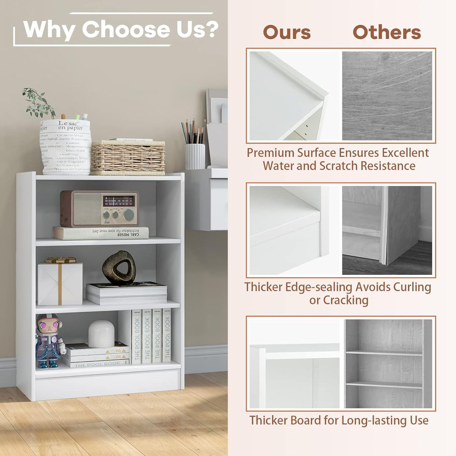 White 3-Tier Adjustable MDF Bookcase with Anti-Toppling Device