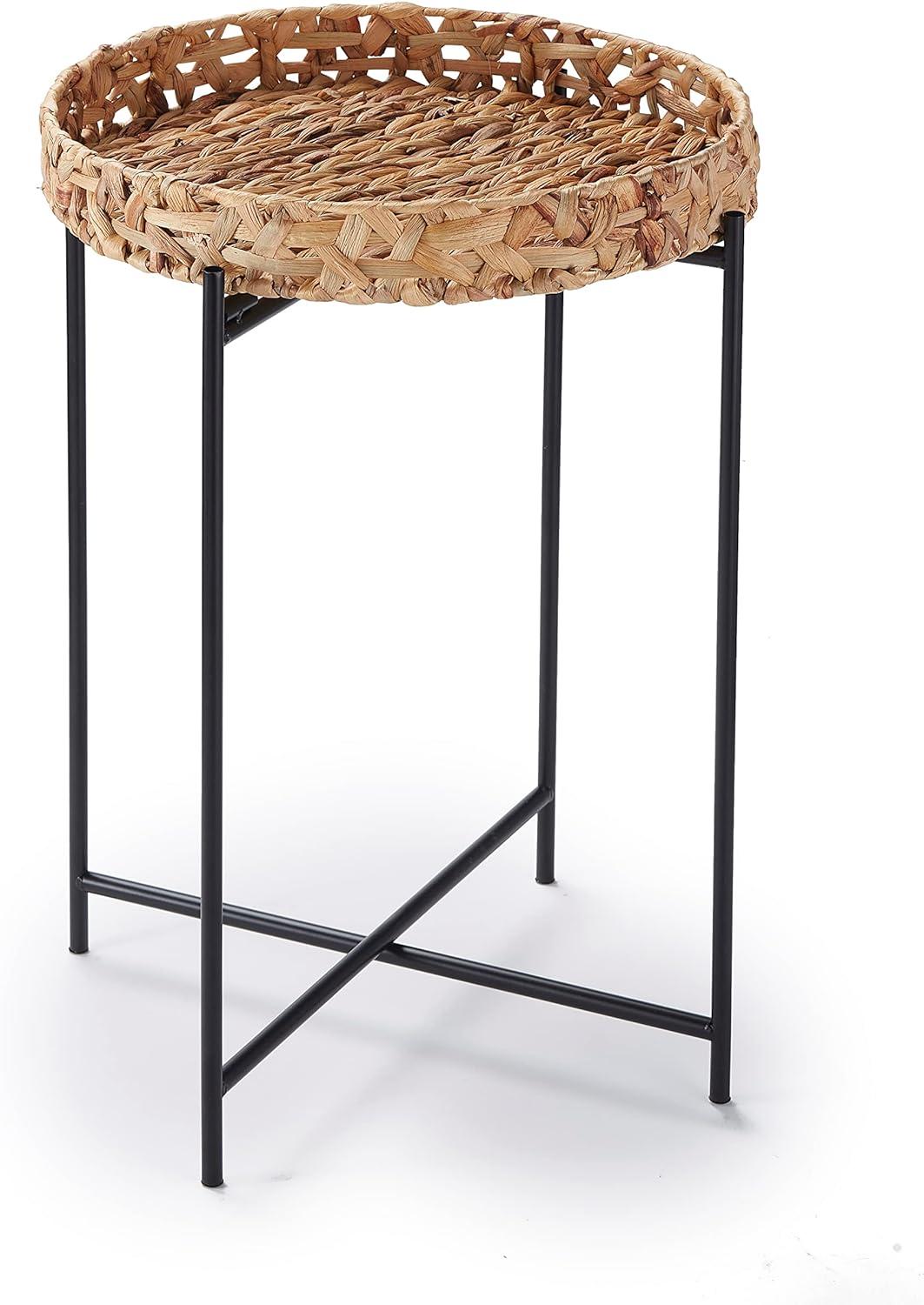 Round Seagrass and Metal Foldable Side Table