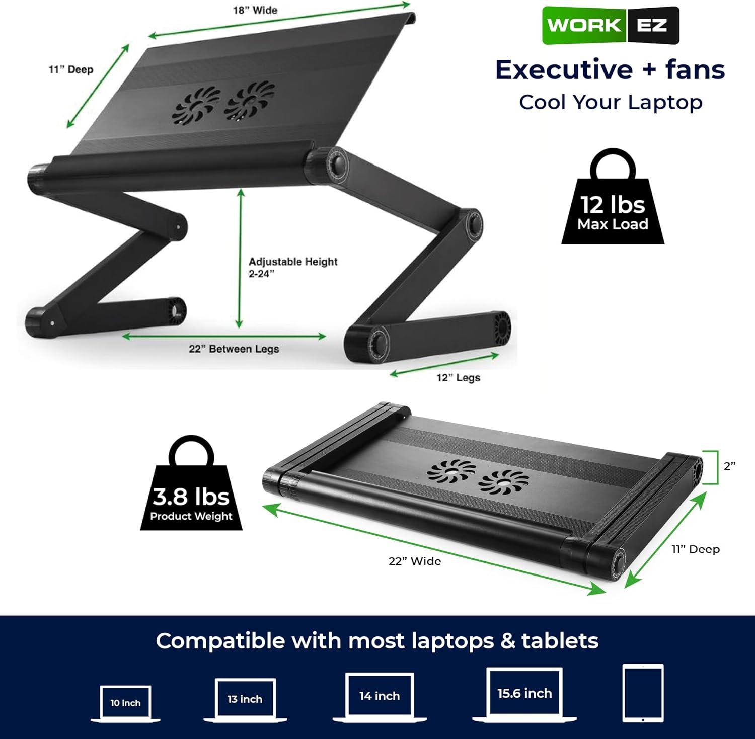 WorkEZ Executive Laptop Cooling Stand Adjustable Laptop Desk for Bed foldable laptop stand with FAN USB Ports computer lap desk for laptop holder for bed laptop table ergonomic laptop stand for bed