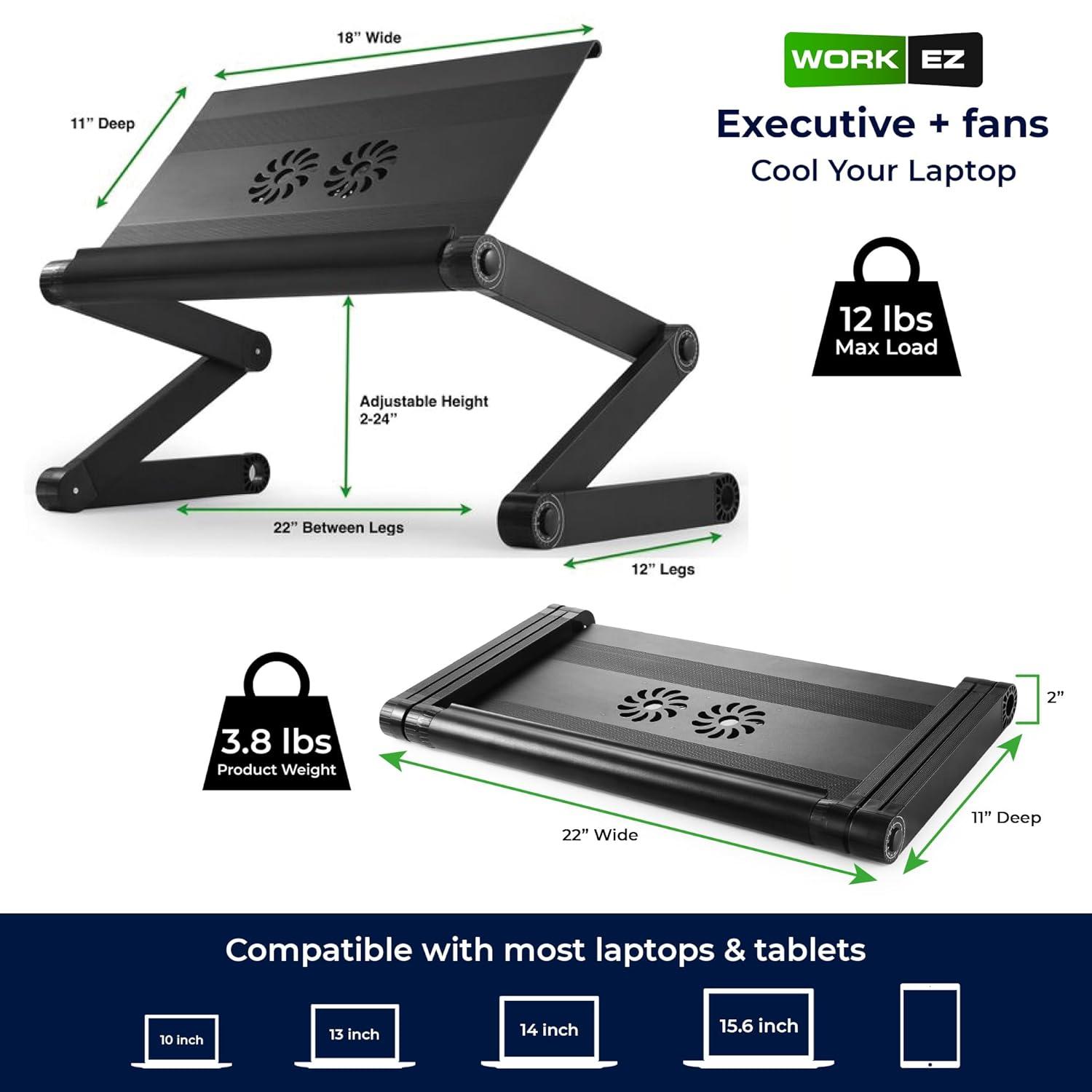 WorkEZ Executive Laptop Cooling Stand Adjustable Laptop Desk for Bed foldable laptop stand with FAN USB Ports computer lap desk for laptop holder for bed laptop table ergonomic laptop stand for bed