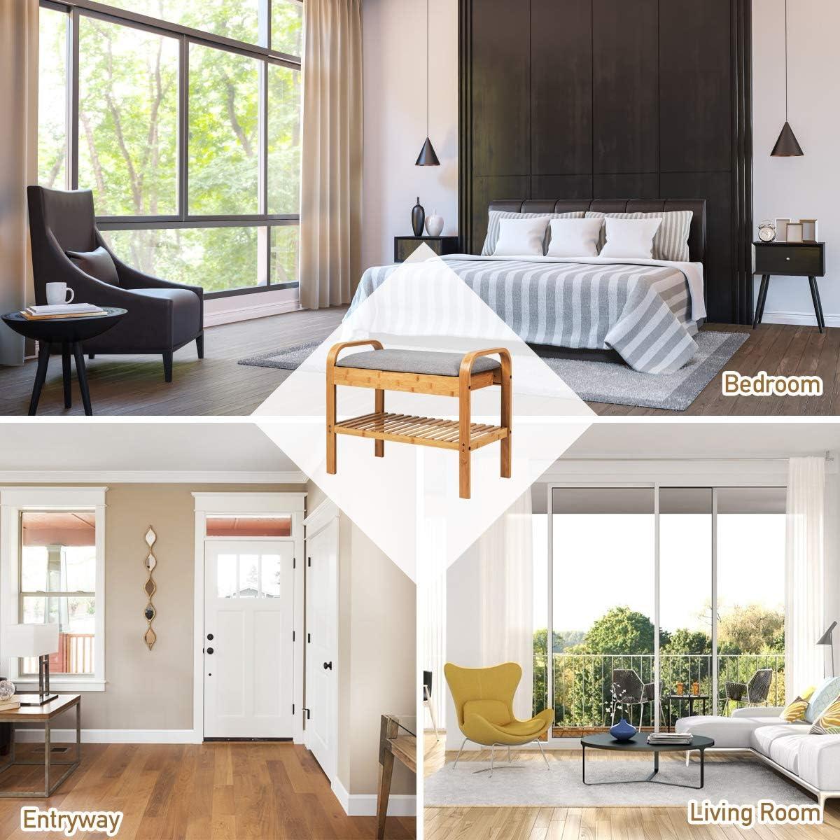 Giantex Small Entryway Bench with Storage, 2-Tier Bamboo Shoe Rack Bench with Flip Top Storage Space and Padded Cushion, Shoe Organizer for Entryway, Living Room, Hallway, Bedroom,Natural