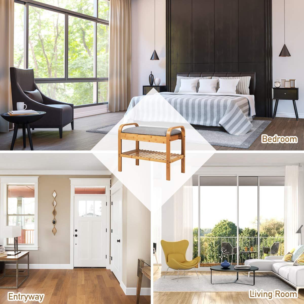 Giantex Small Entryway Bench with Storage, 2-Tier Bamboo Shoe Rack Bench with Flip Top Storage Space and Padded Cushion, Shoe Organizer for Entryway, Living Room, Hallway, Bedroom,Natural