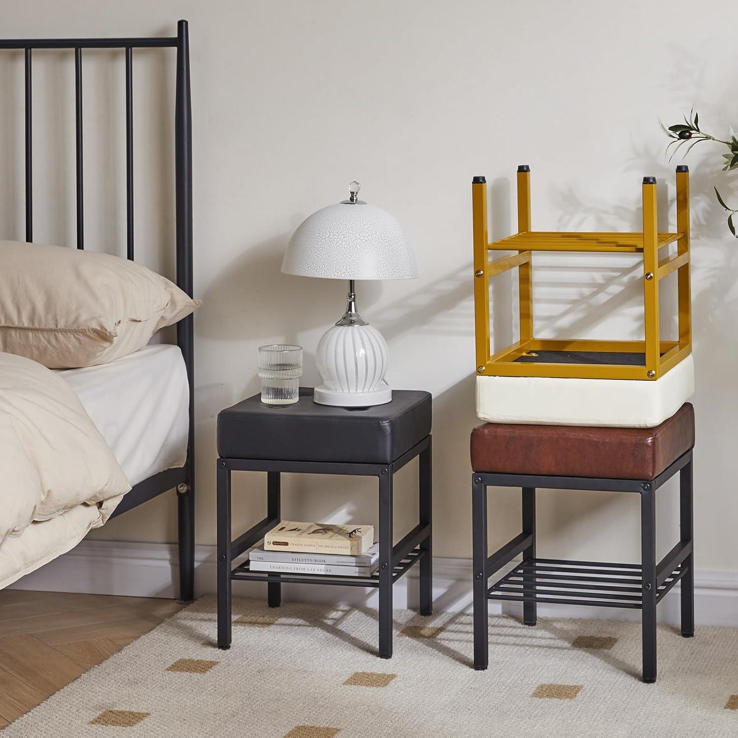 Everly Quinn Square Makeup Stool With Adjustable Feet And Storage Space, Footrest Stool, PU Seat Vanity Stool, Multi-Use As Small Side Table Or Ottoman, Black