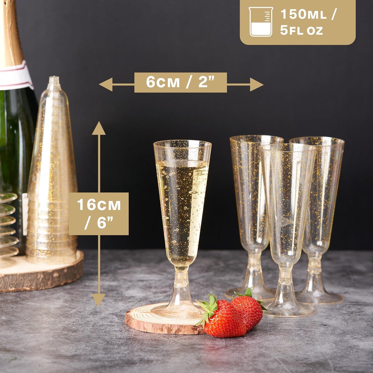 MATANA 50 Premium Plastic Champagne Flutes, Gold Glitter, 5oz - Reusable Champagne Glasses, Cocktail Glasses, Mimosa Glasses for Cocktails, Dessert, Wine - Toasting Glasses for Parties, Weddings