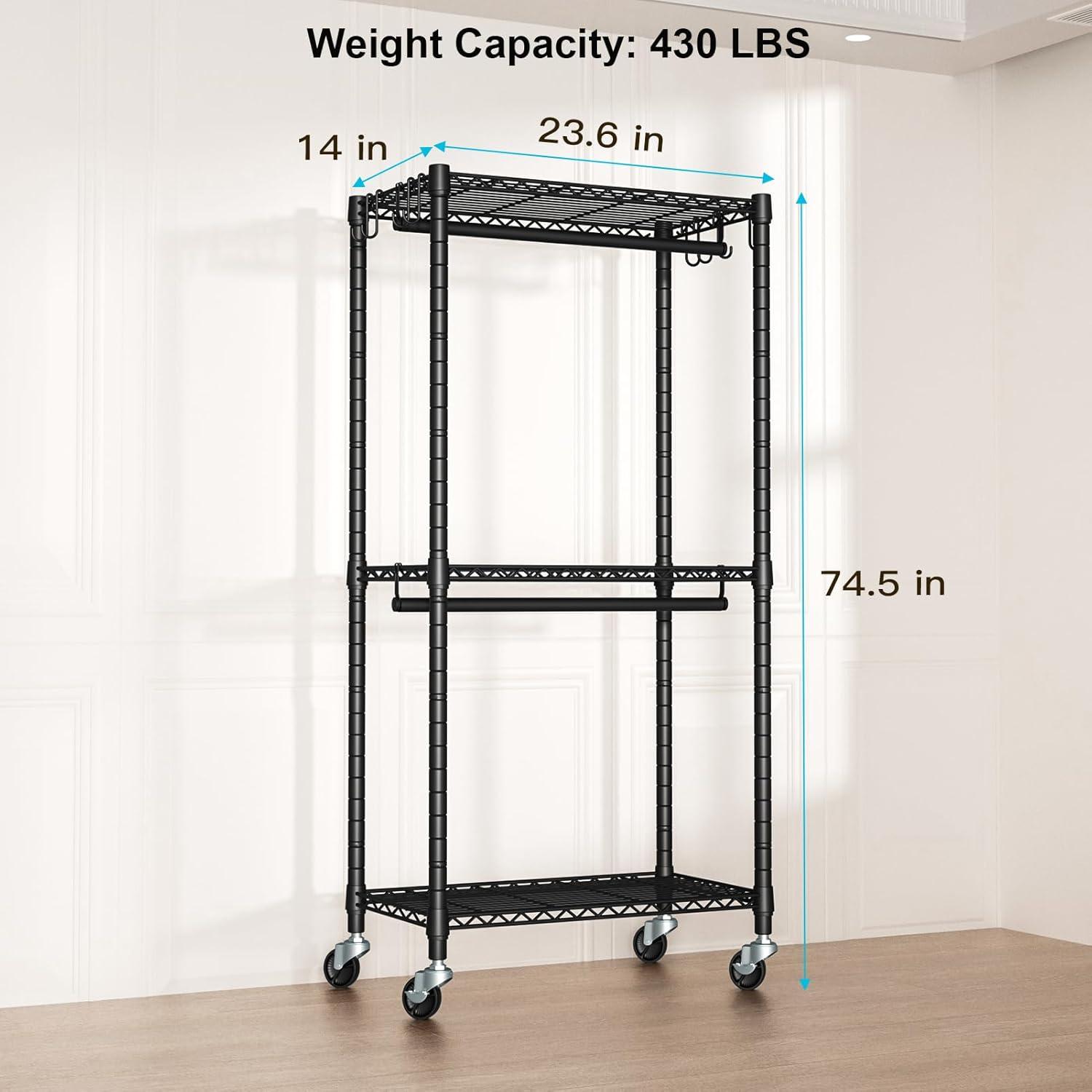 Heavy Duty Clothes Rack Rolling Garment Rack,3 Tier Adjustable Wire Shelving Clothing Racks for Hanging Clothes with Double Rods&Side Hooks,Freestanding Wardrobe Storage Rack Metal Portable Closet