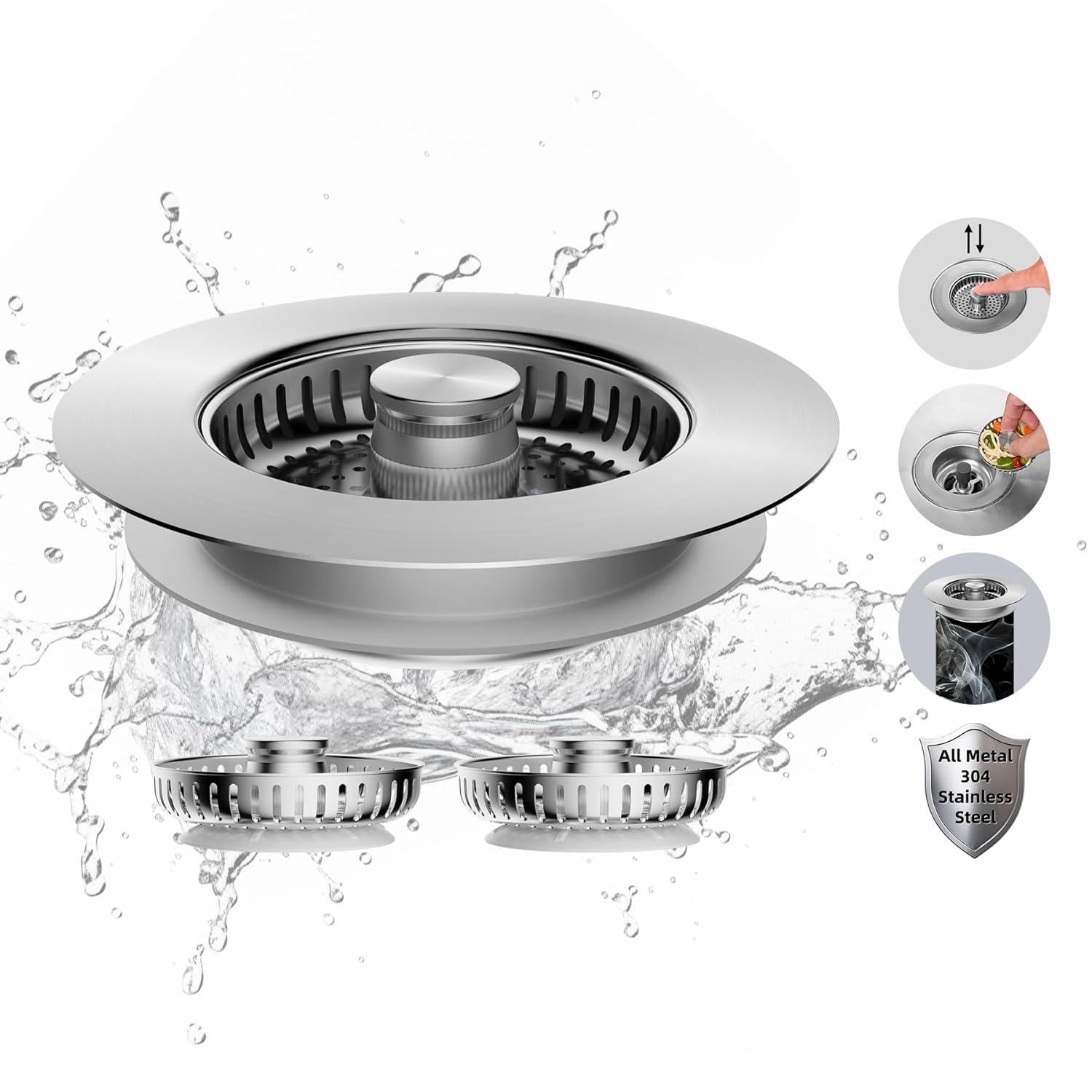 Hibbent 3-in-1 Kitchen Sink Drain Strainer  Stopper , Stainless Steel Pop-Up Design, Anti-Clogging Metal Basket with Handle, Compatible with US Standard 3-1/2" Drain