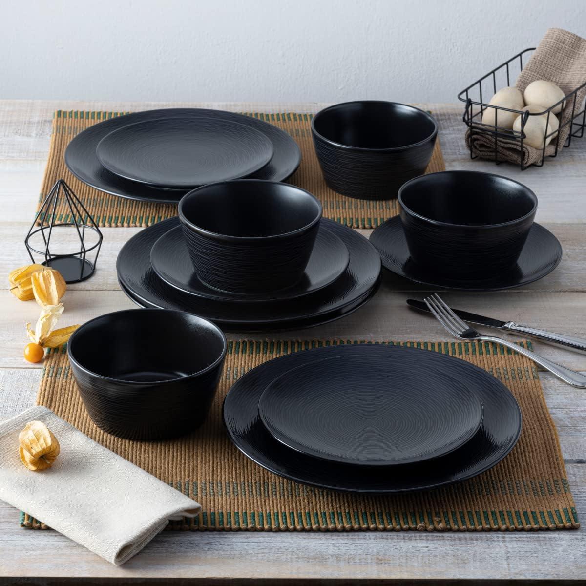 Black Porcelain 12-Piece Swirl Coupe Dinnerware Set