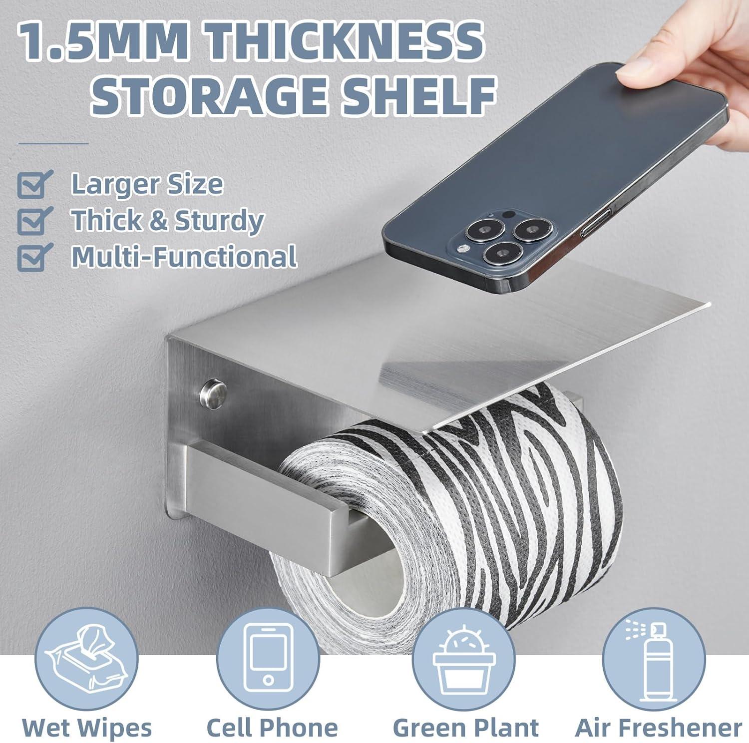 Brushed Nickel Wall Mounted Toilet Paper Holder With Phone Shelf - Durable, Stylish, Convenient For Modern Bathrooms