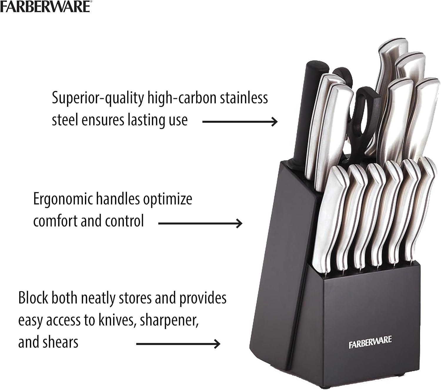 Farberware 15-Piece Stainless Steel Knife Block Set with Black Wood Block