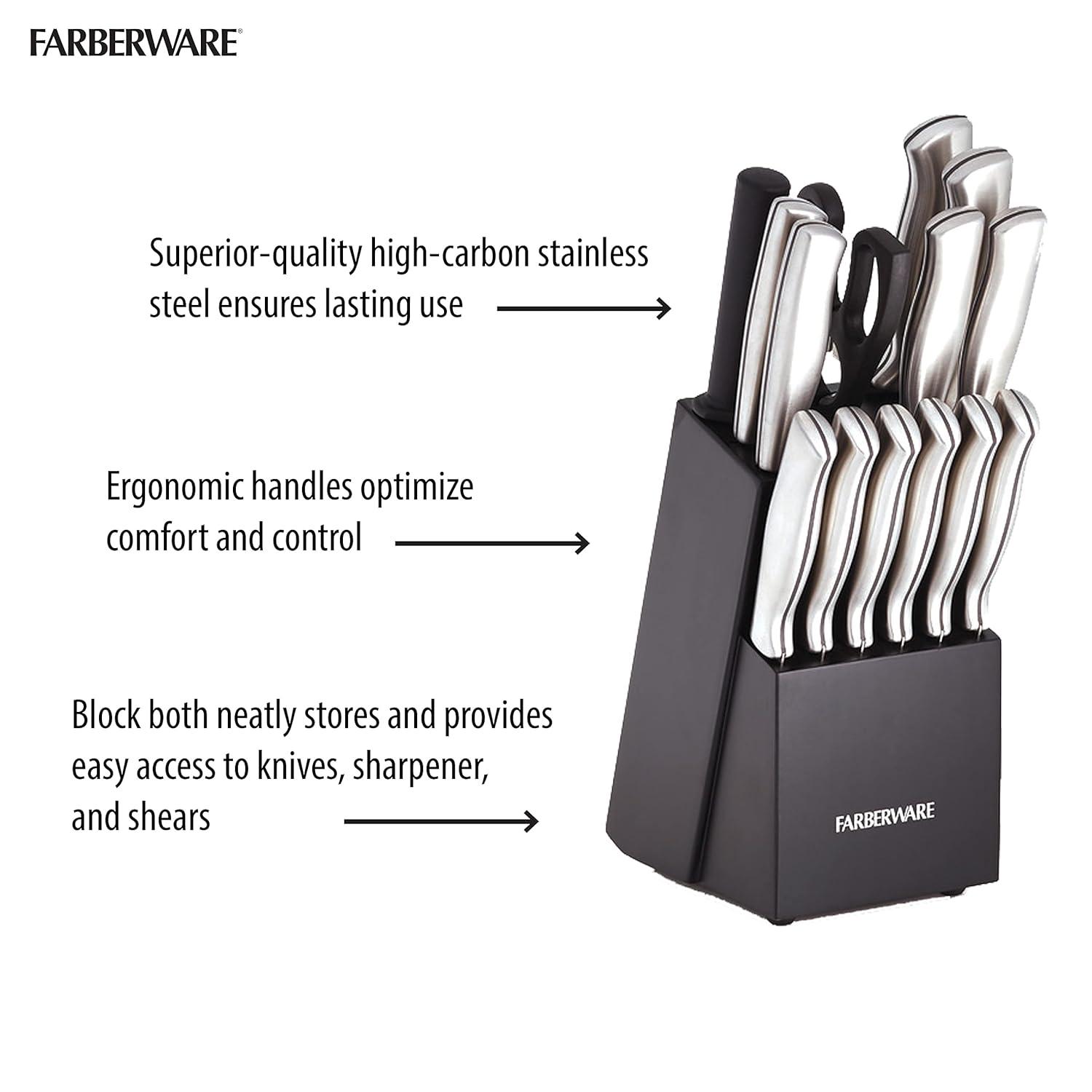 Farberware 15pc Stainless Steel Knife Block Set: Kitchen Knife Set with Block, Serrated Blades, Hand Wash, Silver