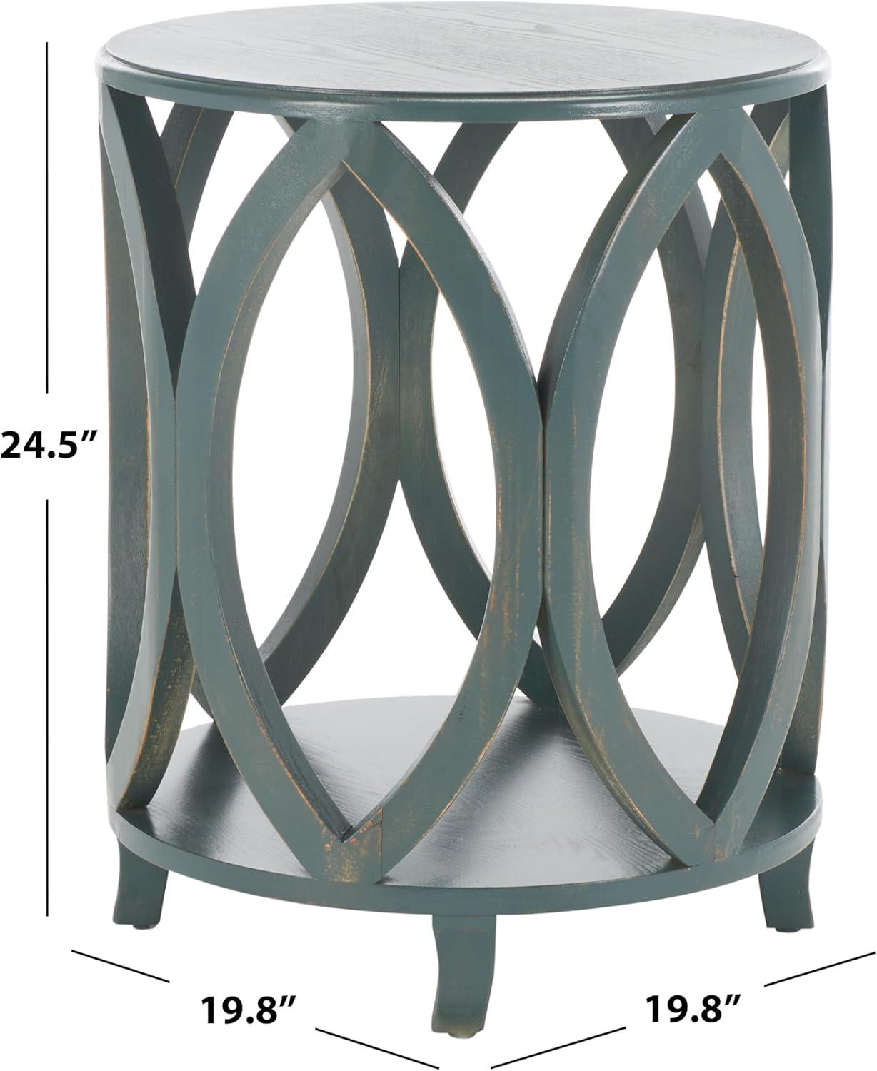 Dark Teal Geometric Wood and Metal Round Accent Table