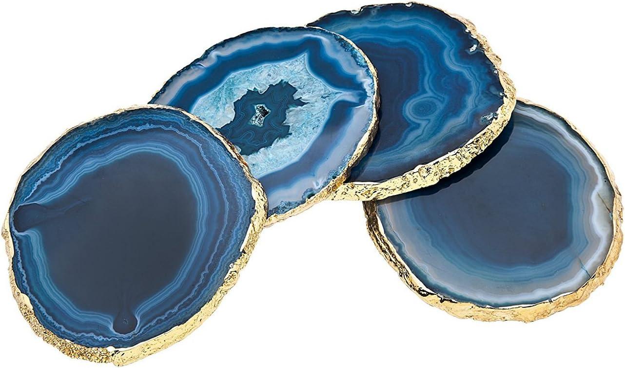 Set of 4 Blue Agate Stone Coasters with Gold Edges