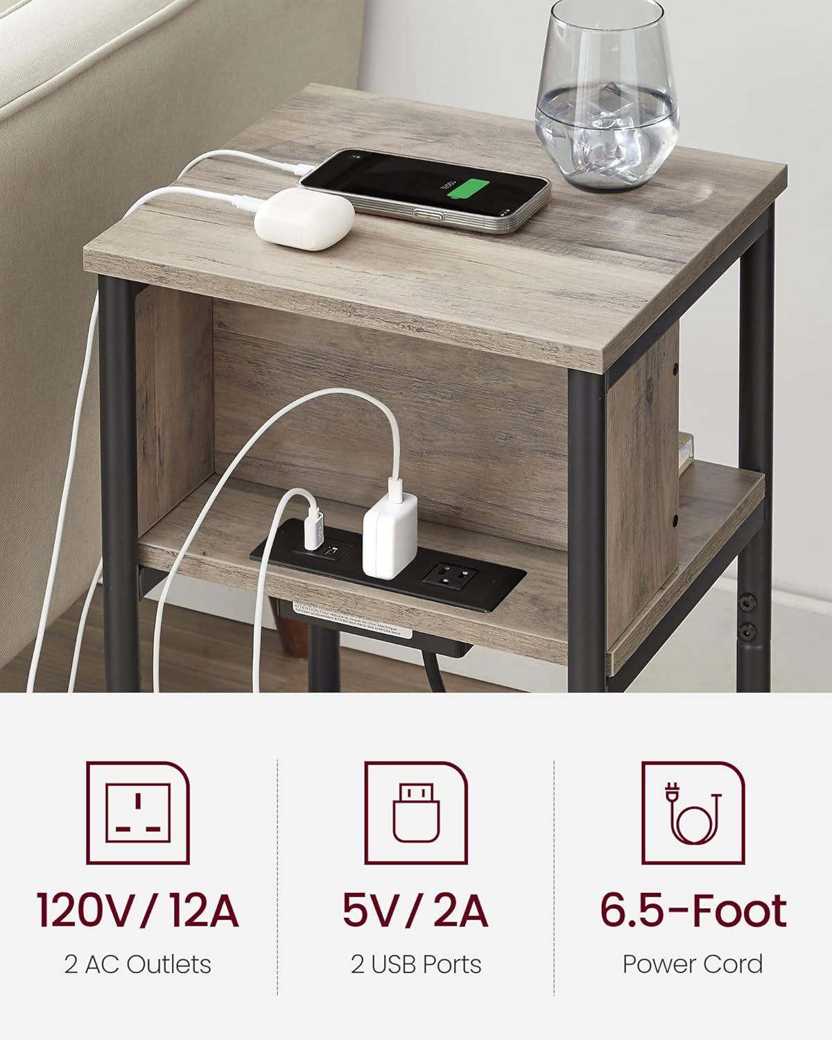 Greige and Black Metal 3-Tier Side Table with Charging Station