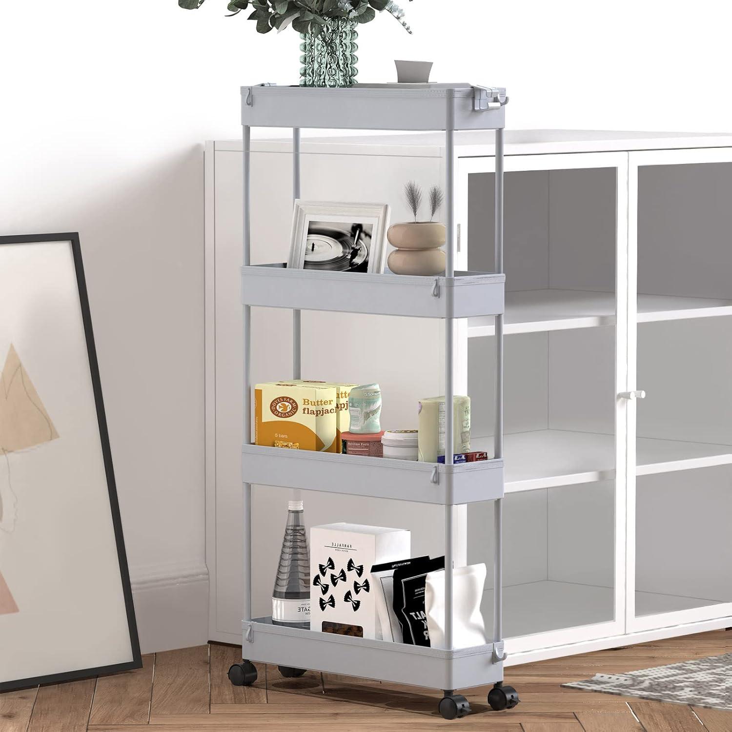 Slim Gray Plastic 4-Tier Rolling Storage Cart