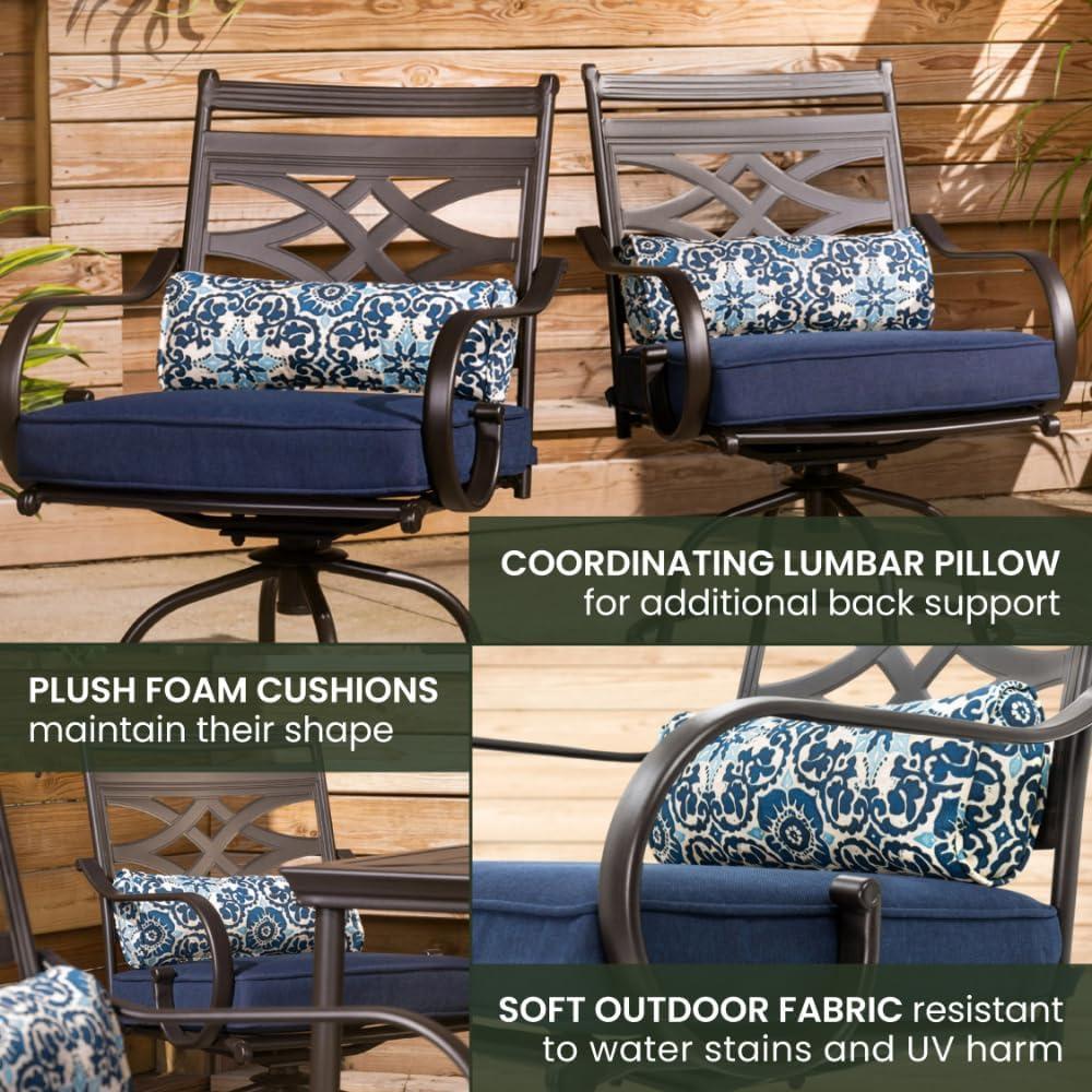 Hanover Montclair 3-Piece All-Weather Outdoor Patio Bistro Dining Set, 2 Swivel Rocker Chairs with Comfortable Seat and Lumbar Cushions, 27" Square Stamped Rectangle Table, MCLRDN3PCSW2-NVY