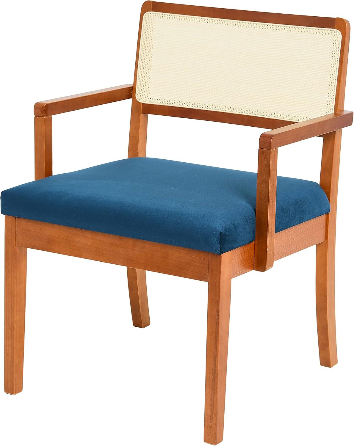 Creative Co-Op Crawford Mid-Century Modern Eucalyptus Wood Arm Chair W/ Cane Back and Velvet Upholstered Seat Cushion,Dark Blue
