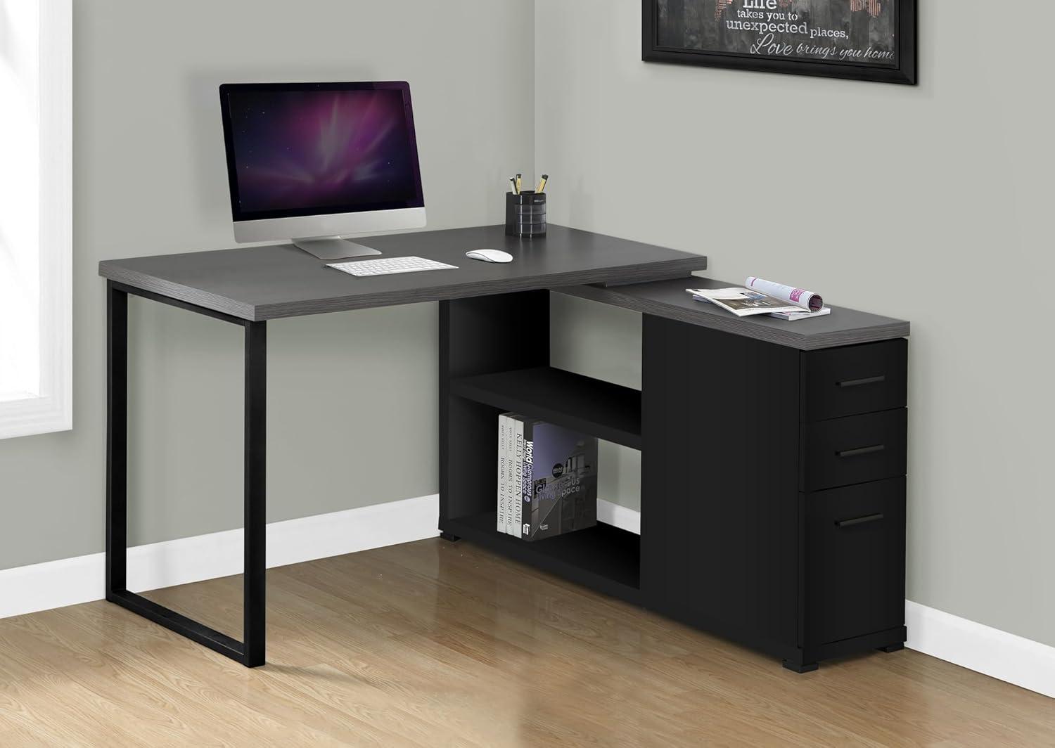 Monarch Specialties Computer Desk Home Office Corner Left Right Set-Up Storage Drawers L Shape  Metal Laminate Black Grey Contemporary Modern