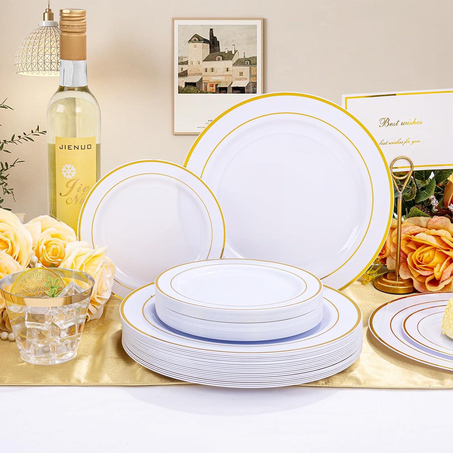 Gold Disposable Dinnerware Set for 100 Guests - 600PC BPA-Free Plastic Plates & Cutlery Kit with 100 Dinner Plates, Salad Plates, Forks, Knives, Spoons & Cups for Wedding, Party, Catering (Heavy-Duty)