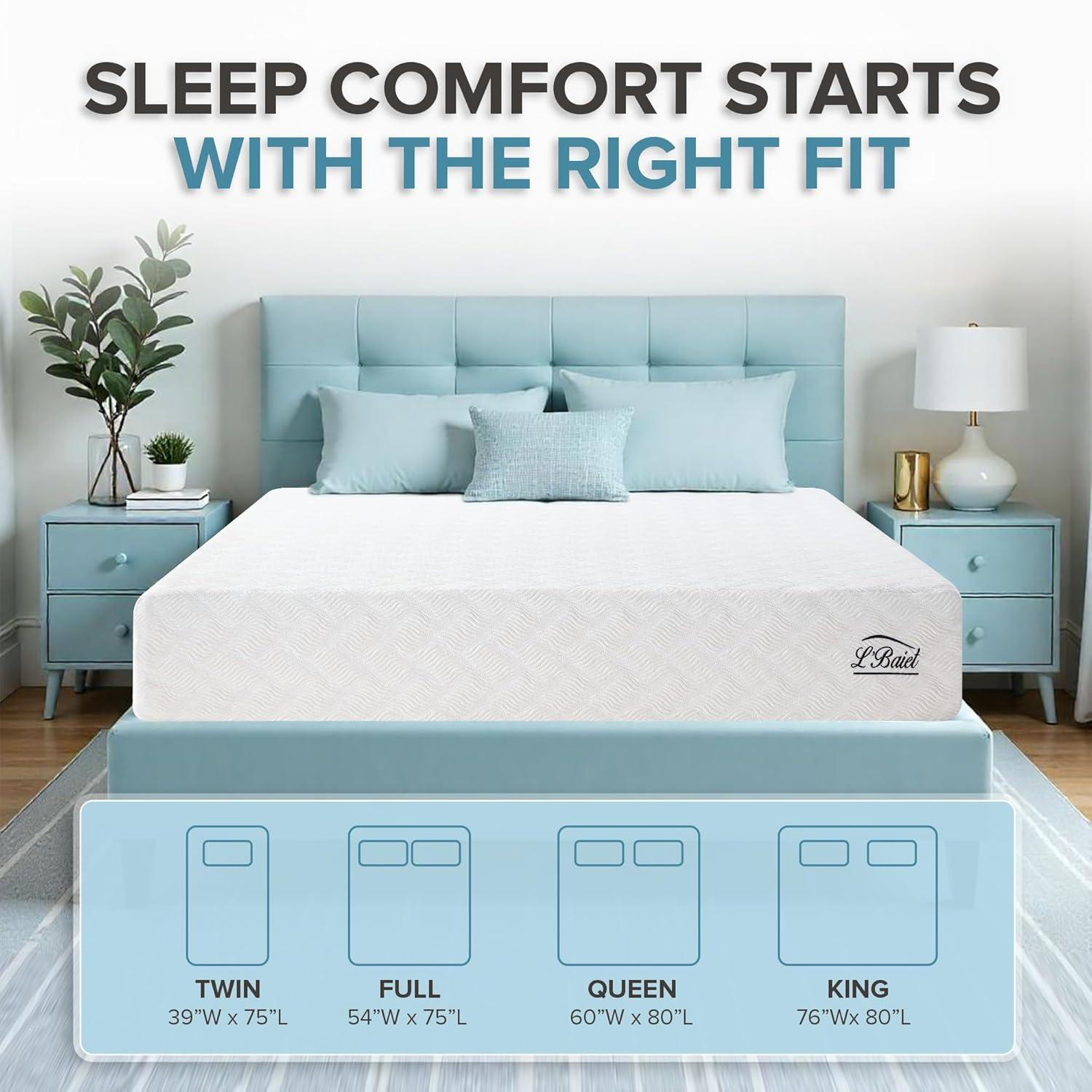 L’Baiet 12” Gel Memory Foam Mattress, Full Size / Bed in a Box / Medium Firm / Breathable Cooling-Gel Comfort Technology / Pressure Relief / Comfy Support / Soft Fabric Cover / CertiPUR-US Certified