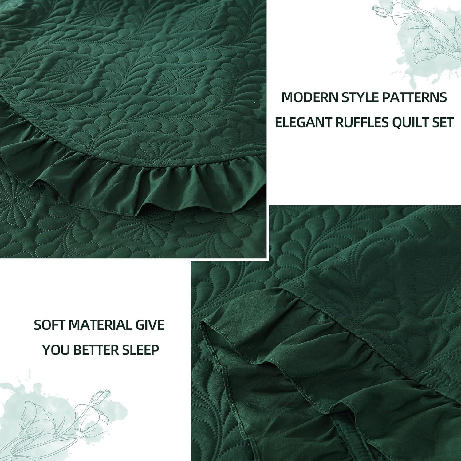 DJY Queen Quilt Set Emerald Green 3 Pieces Ruffled Bedspreads Quilt Queen Lightweight Bedspread Queen Size Bedding Coverlet for All Seasons (Includes 1 Quilt, 2 Pillow Shams)